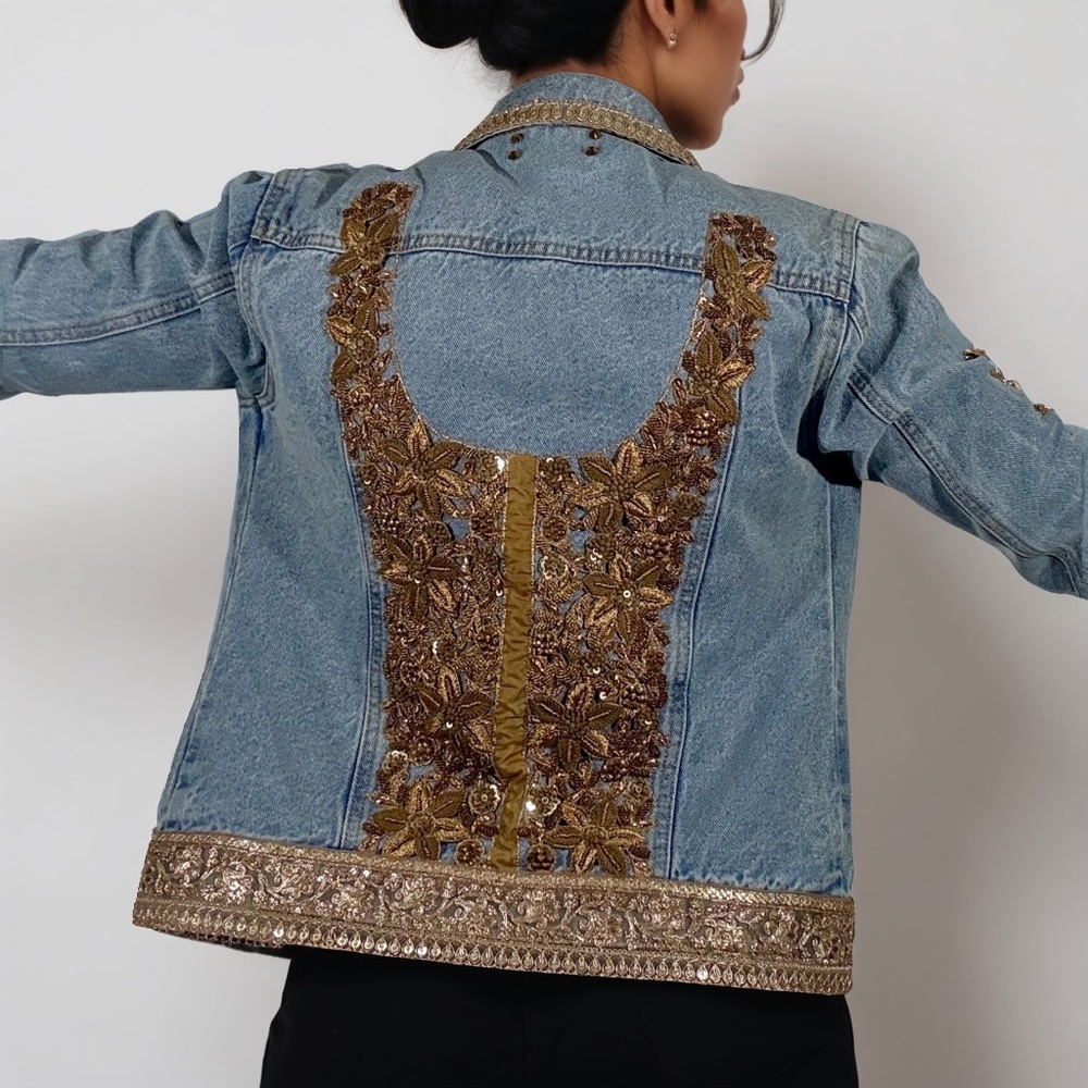 Denim Jacket Hand Embellished with appliqué, sequins, beads and embroidery - Picture 3 of 17